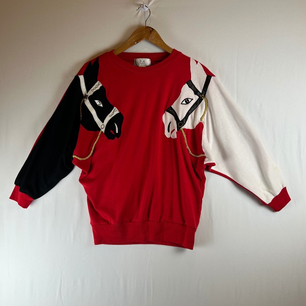 Vintage PA International Horse Applique Sweatshirt Red Colorblock Equestrian S‎